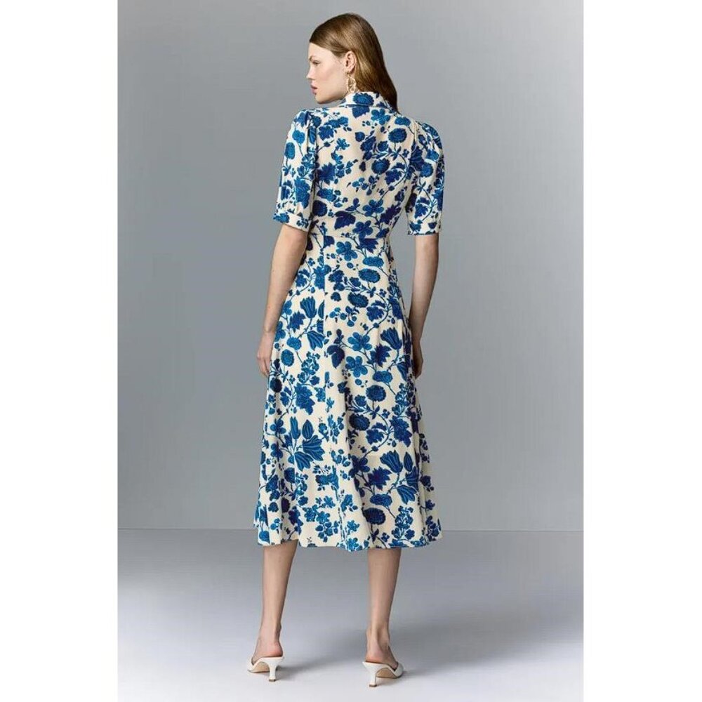 LK Bennett Cream Midi Dress with Blue Floral Print - Picture 2 of 9